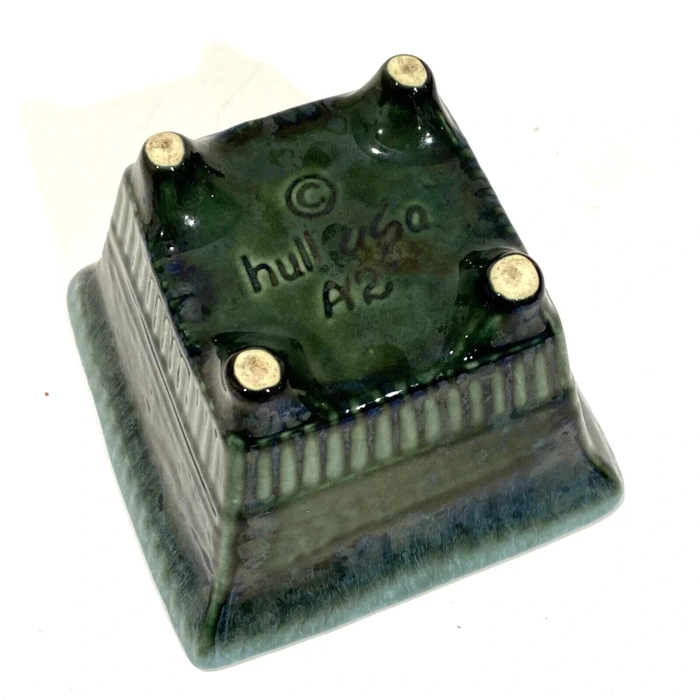 Hull USA Art Pottery Small Square Planter #A2 Green Drip Glaze Mid Century
